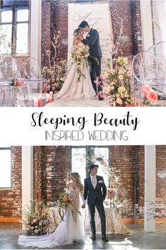 a couple standing next to each other in front of a window with the words sleeping beauty inspired wedding