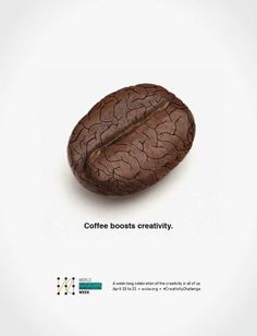 a coffee bean with the words coffee beans creativity written on it and an image of a human brain