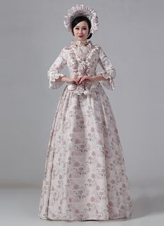 19th Century Champagne Floral Victorian Bustle Lolita Maid Dress Color:Champagne Floral  Material: This dress made of High Quality Satin, soft,smooth and comfortable to wear  Sleeve Length:  Three-quarter Sleeve  Dresses Length:Floor Length  Neckline:  V-Neck  Decoration: Ruffles + Lace  Package Includes:  Dress + Hat   The length of skirt about 45 inches (114 cm) long from waist to hem regardless of size. This dress is pictured with a 6-hoop skirt Petticoat underneath to achieve the look.