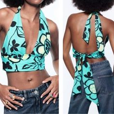 New With The Tag! Adorable Zara Aqua Neon Blue Printed Cropped Ruched Halter Top Aqua Blue With Yellow, Black, And White Abstract Floral Print Low V-Neck Halter Style That Ties In The Back Neck And Back Ruched And Pleated On Front Waistband Cropped Size Medium Approximate Measurements Laying Flat: Varies Depending On How Tight You Tie The Straps Bust Pit To Pit - 16” Length - 17” Summer Floral Print Halter Top For Party, Summer Party Halter Top With Floral Print, Blue V-neck Halter Top For Spring, Chic Fitted Halter Top For Vacation, Chic Floral Print Halter Top, Fitted Summer Top With Tie Back, Chic Blue Tie-back Halter Top, Chic Fitted Floral Halter Top, Fitted Tie Back Top For Summer