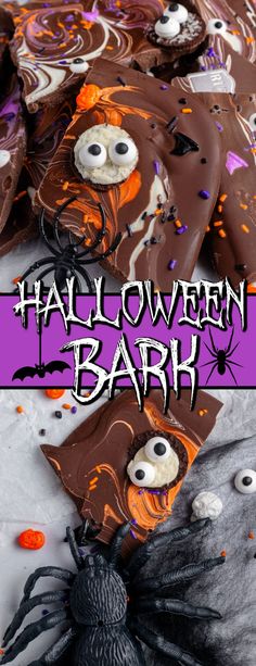 halloween bark with googly eyes and spider webs