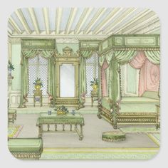 a drawing of a bedroom with green walls