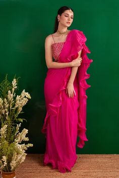 Shop for Palak and Mehak Pink Chinnon Solid Pre-draped Saree Set for Women Online at Aza Fashions Pre Draped Saree, Pattern Crop Top, Draped Saree, Ruffle Saree, Patterned Crop Top, Drape Saree, Luxury Sale, Fuchsia Pink, Festival Wear