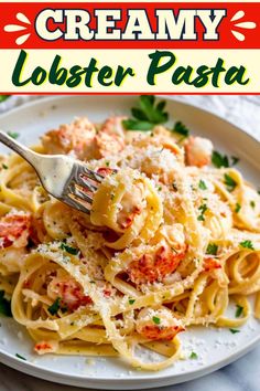 a white plate topped with pasta covered in lobster sauce and parmesan cheese text reads creamy lobster pasta