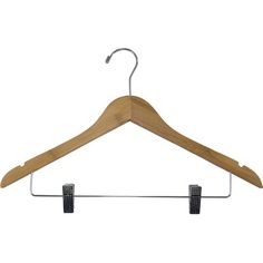 a wooden hanger with two clips on it