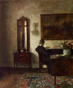 a painting of a woman sitting at a desk in front of a mirror