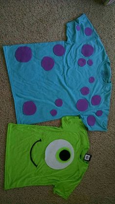 two green and blue shirts laying on the floor next to each other with purple polka dots