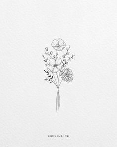 an ink drawing of three flowers on a white paper with the words, grandmamiee