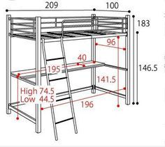 bunk bed with ladders and measurements for the bottom level, below it is an image of