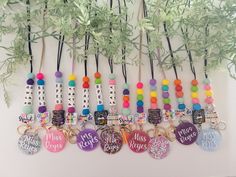 a bunch of key chains hanging on a wall next to a plant with some leaves