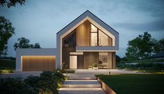 a modern house with stairs leading up to the front door at night, lit by lights