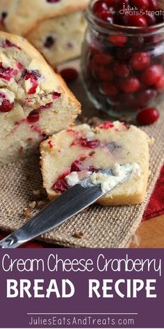 cream cheese cranberry bread is cut in half and ready to be eaten