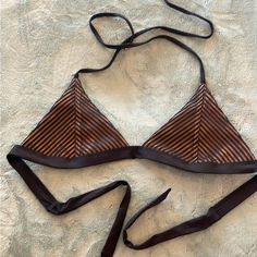 Black Classic Bikini With A Sexy Twist Both Size Medium New With Tags From Beach Bunny Top- Fixed Triangle With Black And Nude Striped Pattern, Removable Padding Included Maybe Used Once In Like New Condition No Flaws Bottoms- Micro Tango Solid Black New With Tags Attached Thanks For Looking Please Checkout My Closet For Even More Sexy Stuff! Brown Stretch Triangle Top Swimwear, Chic Brown Stretch Swimwear, Fitted Brown Halter Top For Beach, Brown Triangle Halter Top For Beachwear, Brown Triangle Halter Top For Beach Season, Chic Brown Party Swimwear, Brown Lined Swimwear For Beach, Brown Lined Body Swimwear For Beach, Brown Lined Swimwear