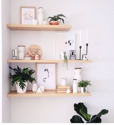 three wooden shelves with plants and pictures on them in the corner next to a potted plant