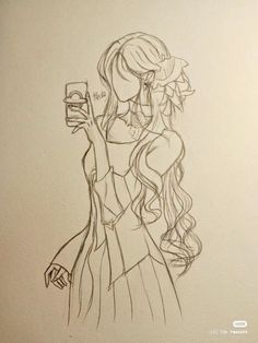 a drawing of a girl holding a drink