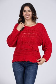 The Cozy With You Sweater by Easel is a comfy knit sweater perfect for the fall weather. This knit sweater features a scalloped hemline and bubble sleeves! The Cozy With You Sweater can be paired with any of our denim for a chic look. Fabric: 70% Polyester, 30% Acrylic Measurements: Bust (Size M): 23" Length (Size M): 24" True To Size S 0-6 M 6-10 L 10-14 Pointelle Knit Top For Winter, Cozy Long Sleeve Pointelle Knit Cropped Sweater, Cozy Crew Neck Pointelle Knit Sweater, Cozy Fall Pointelle Knit Cropped Sweater, Cozy Pointelle Knit Sweater For Winter, Cozy Long Sleeve Pointelle Knit Top, Winter Long Sleeve Cropped Sweater With Pointelle Knit, Cozy Pointelle Knit Sweater For Fall, Pointelle Knit Sweater