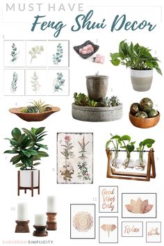 a collage of plants and pictures with the words must have feg shut decor