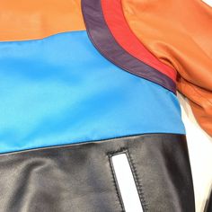 Kashani ColorBlock Lambskin MA-1 Bomber Jacket - Dudes Boutique Multicolor Leather Outerwear For Fall, Multicolor Leather Winter Outerwear, Fitted Multicolor Biker Jacket With Long Sleeves, Multicolor Fitted Long Sleeve Biker Jacket, Fitted Multicolor Long Sleeve Biker Jacket, Color Blocking, Messenger Bag, Satchel, Bomber Jacket