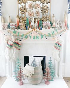 a fireplace decorated for christmas with stockings and decorations on the mantel above it that reads merry & bright