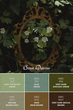 the color palette is green, brown, and blue with white flowers on it's petals