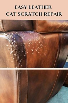 a leather couch with the words easy leather cat scratch repair on it's side