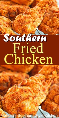 southern fried chicken on a rack with text overlay