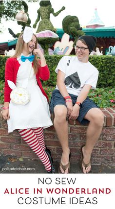 two people dressed up as alice and wonderland characters sitting on a brick wall with text overlay reading no sew alice in wonderland costume ideas