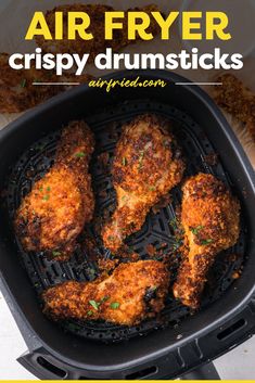 air fryer crispy drumsticks in an air fryer with text overlay