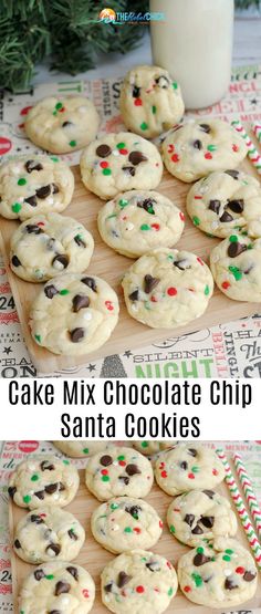 chocolate chip santa cookies on a cutting board next to a glass of milk