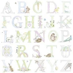 the alphabet is made up of animals and letters in pastel blue, green, pink, and white