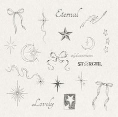 an image of tattoos on paper with stars and ribbons around them, all written in black ink