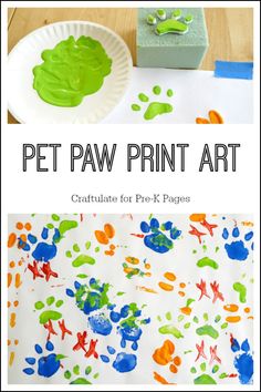 a paper plate with paint on it and the words pet paw print art in front of it