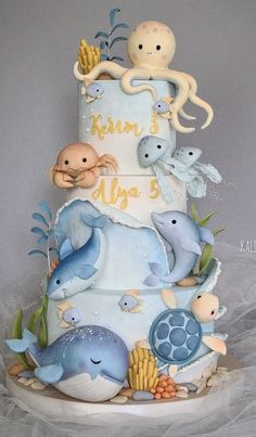 Under The Sea Fondant Cake, Sea Animal Cake Ocean Themes, Sea Life Birthday Cake, Under The Sea Baby Shower Cake, Ocean Cakes For Kids, Sea Creature Cake, Sea Animal Cake, Sea Animals Cake, Sea Theme Cake