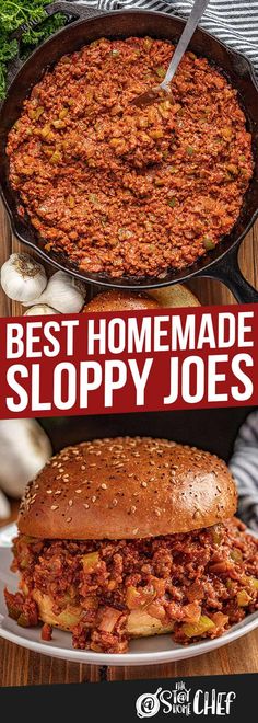 the best homemade sloppy joes recipe is shown in two different pans, with one being