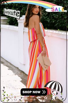 Stripe Overlay Strapless Maxi Dress with Slits Strapless Maxi, Strapless Maxi Dress, Maxi Dress