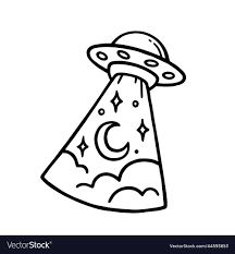 a black and white line drawing of an alien spaceship flying over a pizza slice with the letter c on it