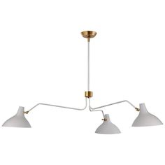 three light chandelier with white shades and gold accents on an isolated ceiling fixture