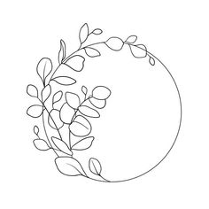 a line drawing of a round frame with leaves and branches in the center on a white background