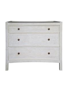 a white dresser with three drawers and two knobs on the bottom, against a white background