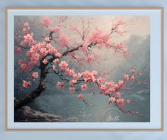 a painting of a tree with pink flowers on it's branches and water in the background