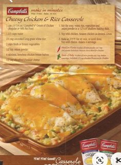 an advertisement for campbell's chicken and rice casserole, with instructions on how to make it