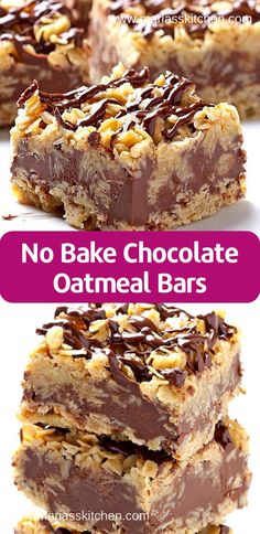 no bake chocolate oatmeal bars are stacked on top of each other