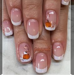 Thanksgiving French Tip Nail Ideas, Fall Gel Nails Pumpkin, Girly Fall Nails Acrylic, Fall Nails For Teachers, French Manicure With Pumpkin, Thanksgiving Nails Fall French Tip, Pumpkin French Manicure, French Nail Fall Designs, Fall French Tip Gel Nails