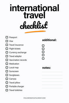 the international travel checklist is shown in black and white, with orange writing on it