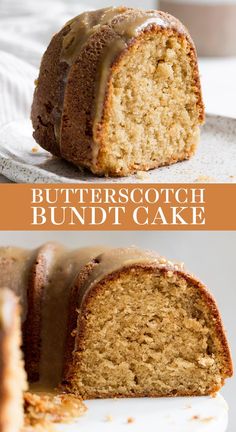 two photos of a bundt cake with frosting on top and the bottom one has a bite taken out of it