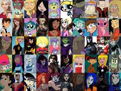 many different cartoon characters are grouped together