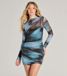 An abstract print mesh mini dress features sheer fitted long sleeves, a boat neckline, and a flattering bodycon silhouette. Perfect for a party or gallery opening.Fit & FeaturesAbstract print, sheer mesh fabric, slip knit liningFitted long sleevesBoat necklineBodycon mini-length silhouetteRuns true to size Sheer Bodycon Mesh Dress In Mini Length, Sheer Bodycon Mesh Dress Mini Length, Sheer Bodycon Mesh Mini Dress, Sheer Mini Mesh Dress For Fall, Fitted Blue Mesh Dress, Blue Sheer Mesh Dress, Fall Sheer Mesh Mini Dress, Sheer Sleeve Mesh Bodycon Mini Dress, Sheer Mini Length Bodycon Dress