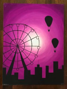 a painting of a ferris wheel and hot air balloons