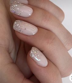 French Nails Acrylic Sparkle, Neutral Sparkle Nails Acrylic, Valentines Day Neutral Nails, Neutral Finger Nails, Neutral Pink Glitter Nails, Minimalistic Glitter Nails, Neutral Nails With Silver Glitter, Neutral With Glitter Nails, Neutral Gel Nails With Glitter