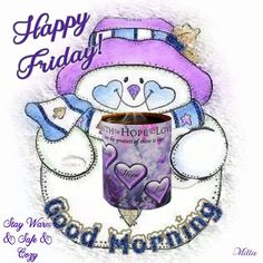 a happy friday card with a teddy bear holding a coffee cup and wearing a purple hat